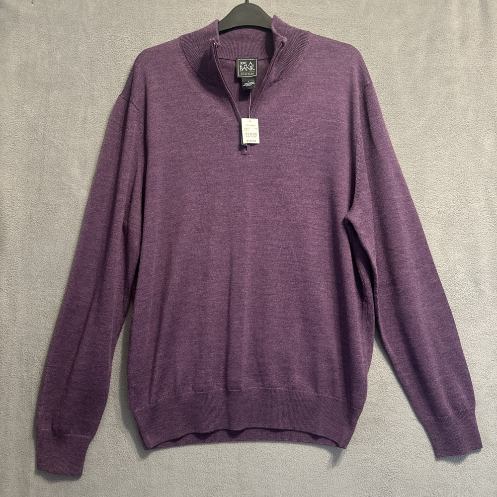 NWT Jos A Bank Traveler Merino Wool 1/4 Zip Sweater Mens L Purple Mock Neck Prep
